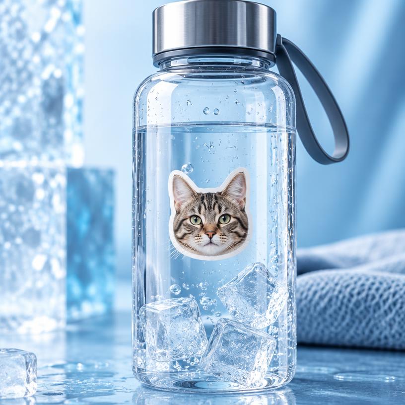 Personalized tabby cat sticker on a water bottle