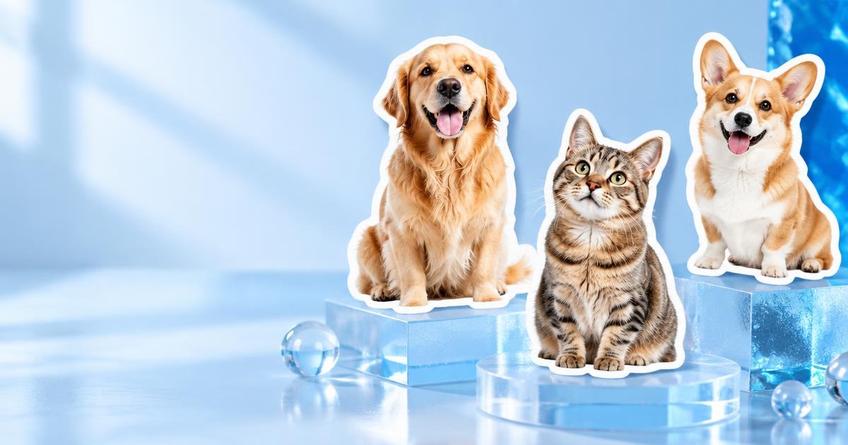 Personalized dog and cat photo stickers on blue acrylic